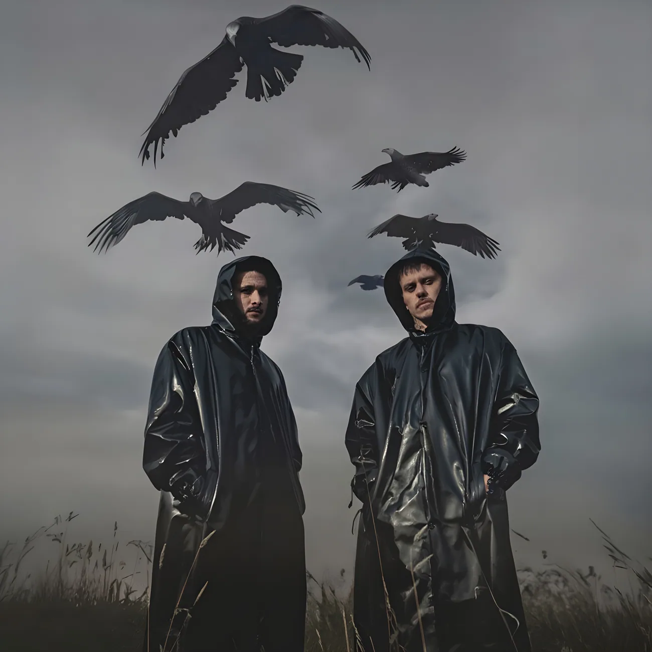 El dúo con impermeables negros en un campo gris
